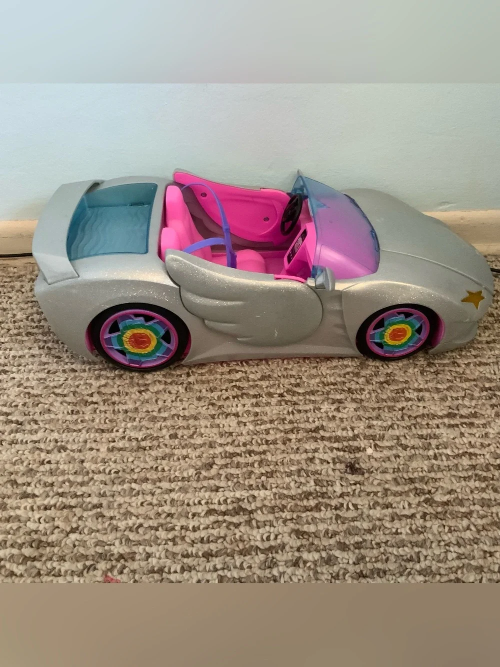 Barbie Extra Sparkly Convertibler Toy Car with Rainbow Wheels